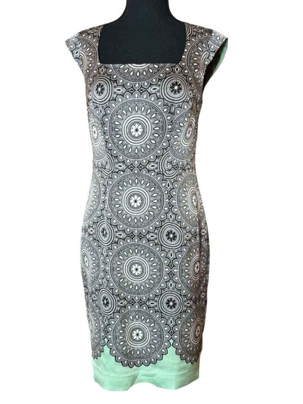 The Limited Black Patterned Sheath Dress with Mint Hem